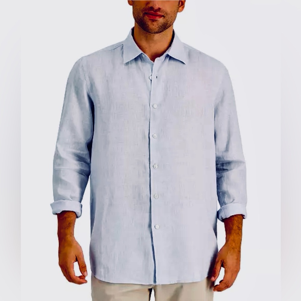 Club Room Luxury Men’s Light Blue Button Up Long Sleeve 100% Linen Shirt Size S.